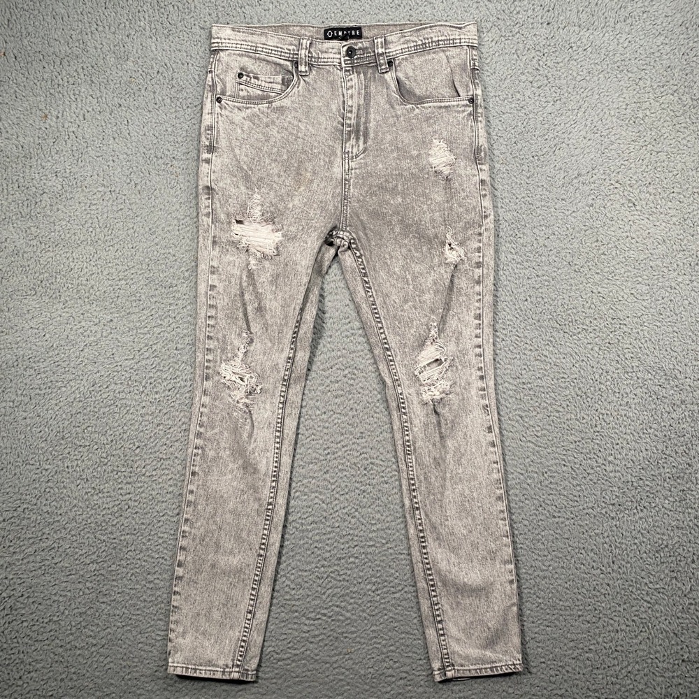 Empyre Mens 32 Skinny Jeans Grey Acid Wash Distressed Ripped Denim Slim Fit